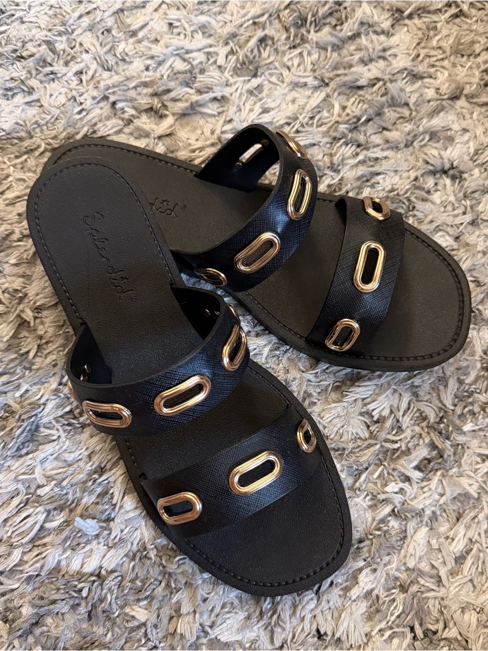 Splendid Black Slide Sandals with Gold Oval Eyelets
